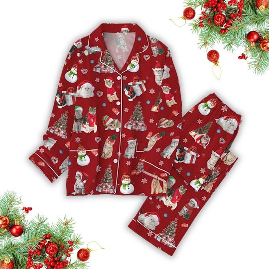 Cat Santa Christmas Pajamas Set, Cute Cat Xmas Shirt, Animal Set Of Pajamas, Xmas Sleepwear, Cat Lovers Shirt, Cat Owners Gift