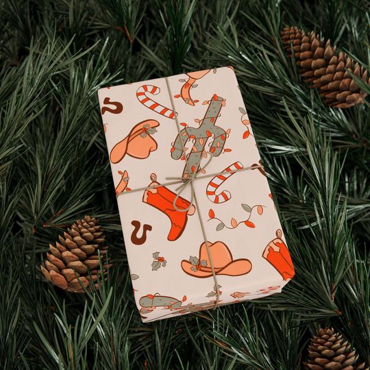 Western Cowboy Retro Wrapping Paper, Cowboy Christmas Gift Wrap, Festive Wrapping Paper, Retro Christmas Vibe, Vintage Christmas Charm Wrap