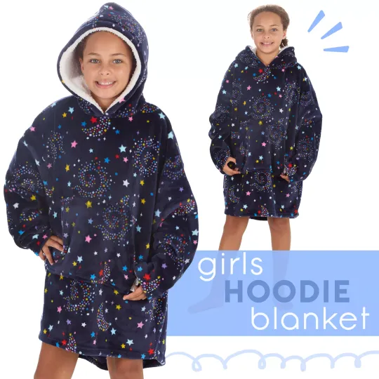 Kids Girls Celestial Navy Blanket Hoodie Giant Snuggle Hoody Lounge Top Fleece