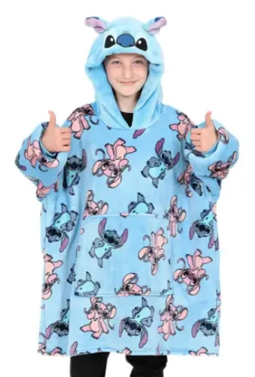 Girls Disney Stitch And Angel Oversized Fleece Blanket Hoodie One Size W23