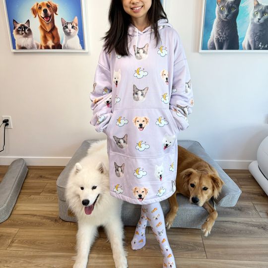 Cozy Custom Pet Dog/Cat Face Blanket Hoodie, Custom Picture Blanket Hoodie, Oversized Wearable Blanket With Photo, Gifts For Dog Lovers