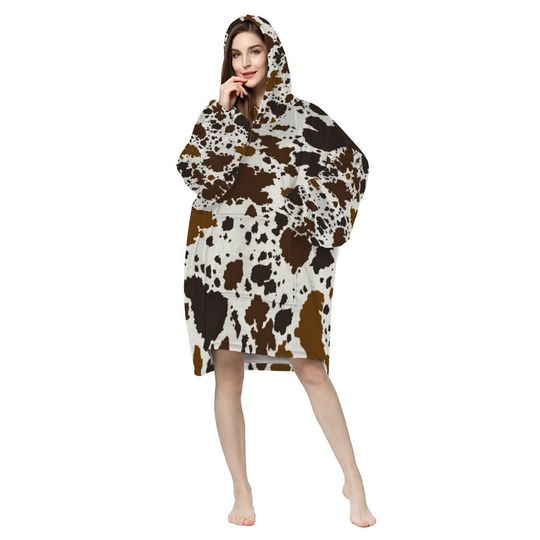 Brownish Cow Print Adults' All Over Print Pullover Hooded Lounger Long Hoodie Pajamas Sherpa Hooded Blanket