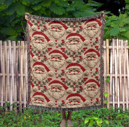 Vintage Santa Clause Woven Blanket, Farmhouse Decor, Blanket Gift For Her, Oversized Blanket, Gift For Mom, Christmas Holiday Throw Blanket