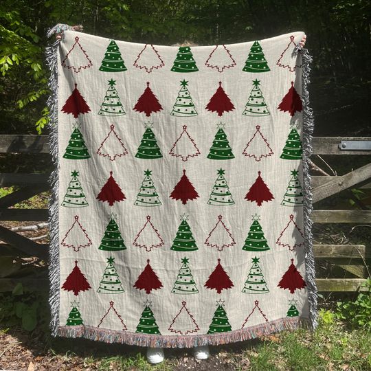 Christmas Trees Holiday Decor Throw Blanket, Christmas woven blanket, Christmas Tree pattern, Light Beige Background, Cozy Winter Home Decor