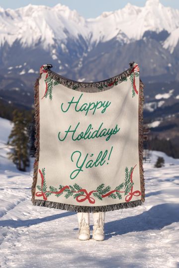 Luxe Cozy Holiday Blanket | "Happy Holidays Y'all" Woven Throw | Perfect Christmas Decor Gift | Festive Cotton Jacquard Blanket, Made in USA