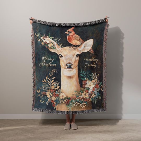 Christmas Blanket, Deer & Cardinal Bird, Custom Names Gift Personalized Holiday Woven Throw, Xmas Bedspread Tapestry, Winter Farmhouse Decor
