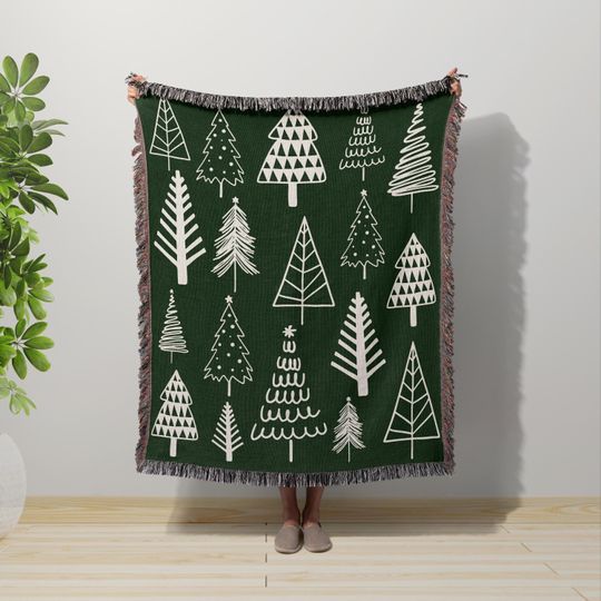 Christmas Tree Doodles Woven Blanket Gift, Cute Christmas Throw Blanket Decor, Black White Christmas Decor, Aesthetic Xmas Holiday Blanket