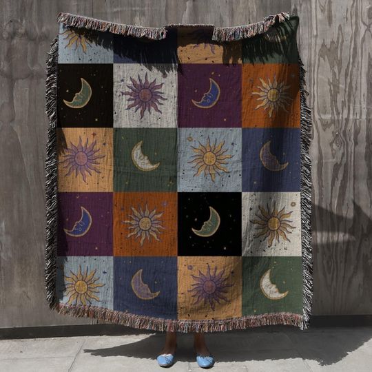 Boho Sun and Moon Woven Blanket - Celestial Checkerboard Throw Blanket, Vintage Astrology-Inspired Tapestry, Cozy Bohemian Home Decor Gift