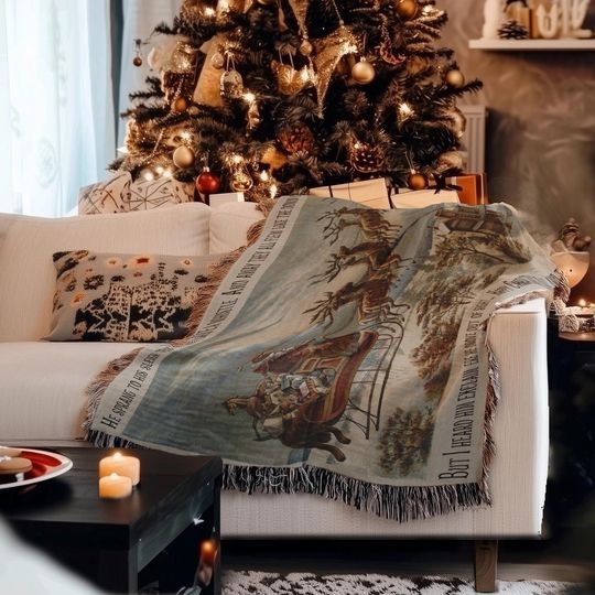 Classic Christmas Santa Woven Blanket, Vintage Snowy Sleigh Scene, Traditional Aesthetic Holiday Home Decor, Christmas Lover Gift
