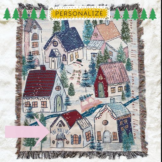 Holiday Cozy Decor. Winter Village Woven Throw Blanket. Personalized Christmas Gift. Christmas Tree Decor.