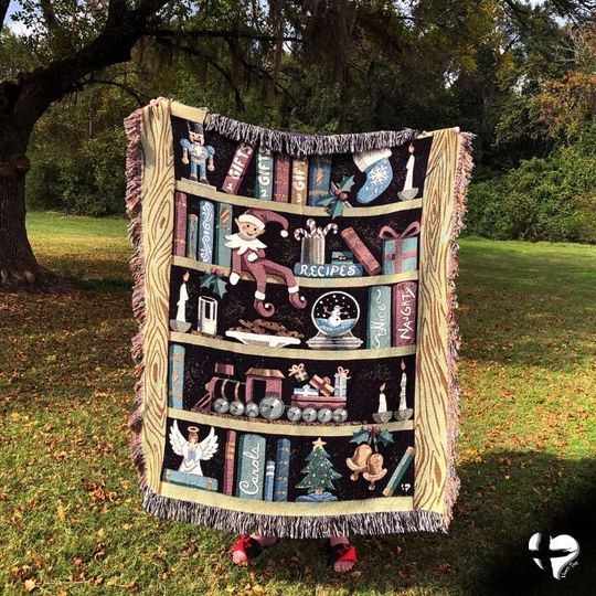 Cool Christmas Woven Blanket, Santa's Bookshelf, Holiday Blanket, Magical Time of Year, Seasonal  Tapestry Art, Whimsical Room Decor