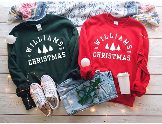 Embossed Matching Newlywed Christmas Crewnecks, Custom Matching Christmas Pajamas