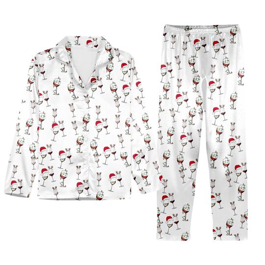 Wine Glass Christmas Pajamas Set, Wine Red Holiday Pajamas, Santa Hat Reindeer Set Of Pajamas, Matching Family Set, Xmas Party Gifts