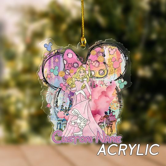 Personalized Aurora Princess Christmas Ornament, Disney Castle Ornament, Watercolor Minnie Ear Christmas Ornaments,Sleeping Beauty