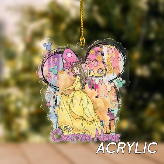 Personalized Beauty and the Beast Ornament, Disney Princess Belle Castle Ornament,Beauty Beast Gift,Watercolor Minnie Ear Ornament