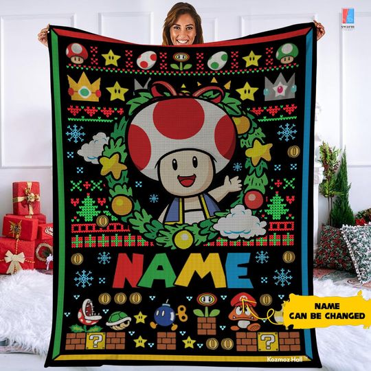 Personalized Super Mario Toad Ugly Christmas Blanket, Mario Toad Quilt Blanket, Super Mario Blanket, Super Mario Christmas Gift
