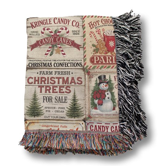 Vintage Christmas Signs On Woven Blanket, Cozy Blanket Gift For Her,Oversized Blanket,Christmas Gift For Mom,Woven Winter Decor,Cotton Throw
