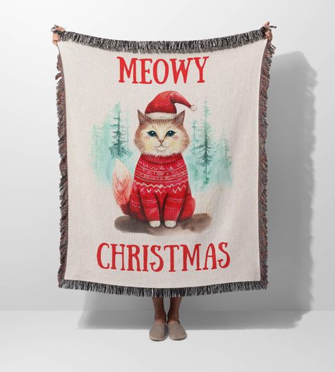 Meowy Christmas Woven Blanket for Cat lovers, Gift for Cat Mom, Cat Christmas Blanket, Thick Blanket for Christmas