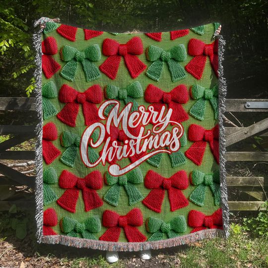 Christmas Bow Vintage Woven Blanket | Merry Christmas Decor, Holiday Throw Blanket, Gift for Her, Mom, Grandma, Grandparents