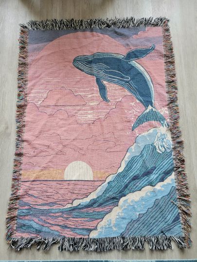 Soaring Whale Woven Blanket, Graphic Whale Print on Throw, Ocean Lover Gift, Christmas Gift, Couch Throw, Picnic Blanket, Whale Lover Gift