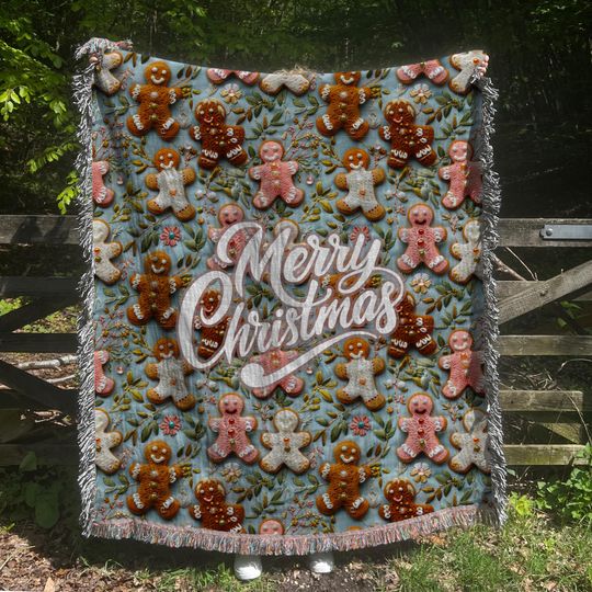 Woven Blanket | Merry Christmas Decor, Gift for Her Mom Grandma Grandparents, Holiday Throw Blanket, Christmas Gift, Gingerbread Man Blanket