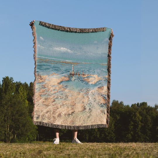 Woven Blanket Beach Coastal 100% Cotton Fringe Blanket Ocean Landscape Throw Blanket Tapestry in Vintage Style. Housewarming Gift for Mom