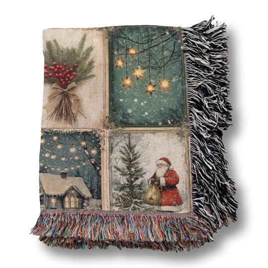 Vintage Christmas  Woven Blanket, Cozy Blanket Gift For Her, Oversized Blanket, Christmas Gift For Mom, Woven Cotton Throw For Winter Decor