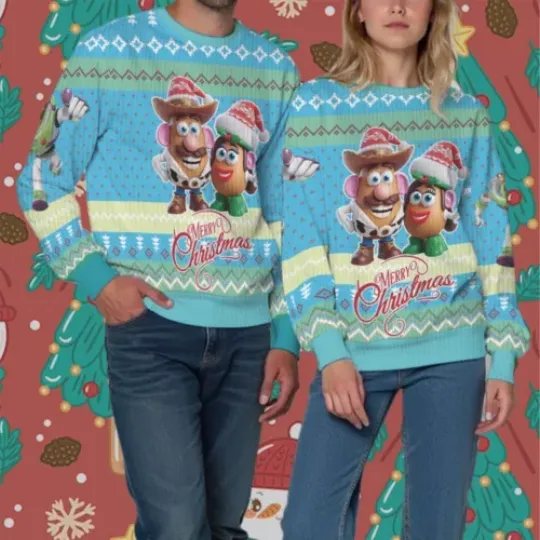 Toy Story Joyful Mr And Mrs Potato Head Lively Buzz'S Quest Ugly Xmas Sweater