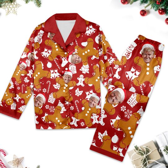 Gingerbread Trump Face Christmas Pajamas, Santa Trump 2024 Family Pajamas Set, Trump President Shirt, Gingerbread Cookies Pajamas Gift