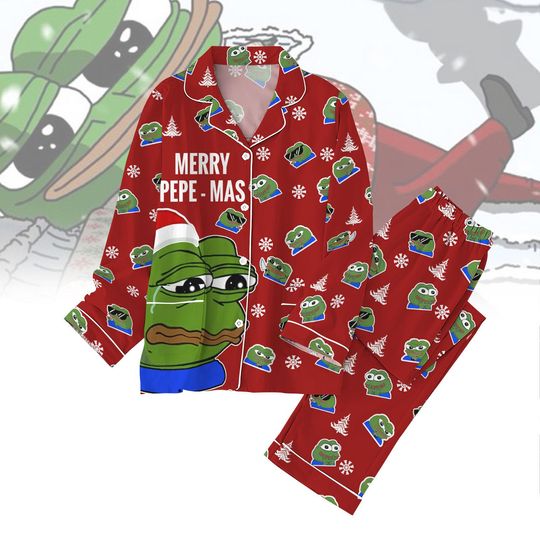 Christmas Frog Meme Pajamas Set, Merry Sad Pepe Fleece Pajamas, Frog Santa Hat Sleepwear Women, Matching Christmas Family Pajamas