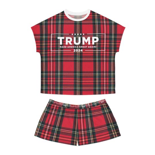 Trump Pajamas for Women, Two-piece Set, Christmas MAGA Plaid PJ Short Set