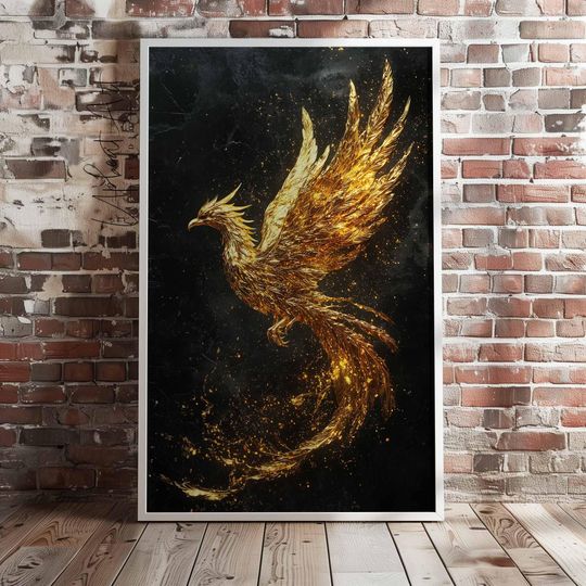 Rising Phoenix Black and Gold Wall Art, Luxury Living room Wall Decor, Unframed / Framed Poster 24x36, Golden Fire bird