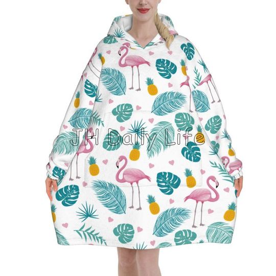 Flamingo Wearable Flannel Fleece Sherpa Blanket Hoodie