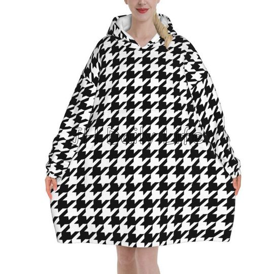 Black White Houndstooth Wearable Blanket Hoodie