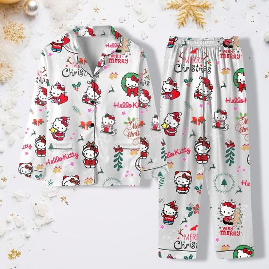 Christmas Hello Kitty Christmas Pajamas, Christmas Cat Pajamas, Girls Holiday Pajamas, Christmas Party Pajama, Cat Christmas Pj Set