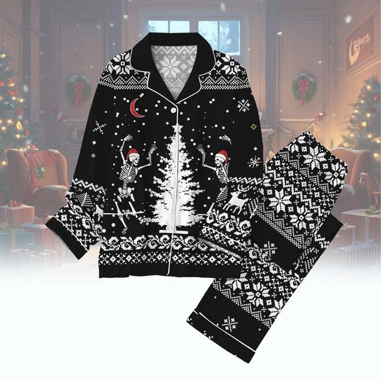 Dancing Skeletons Christmas Pajamas Set, Santa Skeleton Tshirt Pant Set, Winter Season Pajamas, Dead Inside Xmas Pajamas Family