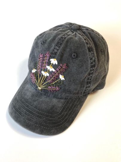 Hand Embroidered Lavender Hat, Embroidered Floral Hat For Women, Embroidered Baseball Hat, Christmas Gift for women, Lavender Flowers
