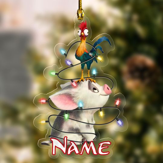 Personalized Disney Moana Pua And Hei Hei Christmas Lights Ornament, Cute Pua Pig Christmas Ornament, Disneyland Acrylic Ornament