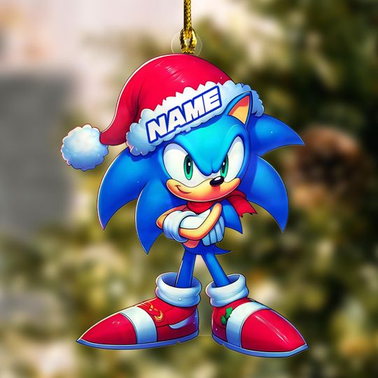 Personalized Sonic Santa Hat Ornament, Sonic Hedgehog Character Acrylic Ornament, Customized Sonic Ornament, Sonic Christmas Ornament