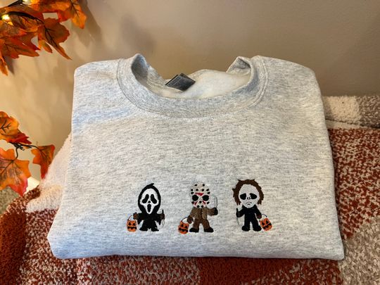 Three Horror Scary Halloween Characters Embroidered Sweatshirt