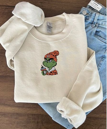 Boujee funny character Embroidered Sweatshirt, Cute Grin Ghost Round Neck Sweatshirt,Fall Coffee Lover, christmas Gift, Embroidery