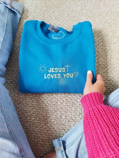Jesus Loves You Embroidered Crewneck Sweatshirt | John 3:16 Christian Apparel Summer Colorful Spring Graphic Sweatshirt Flower Beach