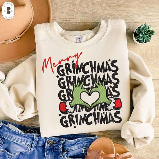 Merry Grin Embroidery Sweatshirt, Christmas Sweatshirt, Embroidered Christmas Grin, Embroidered funny character Sweater, Gift For Mom