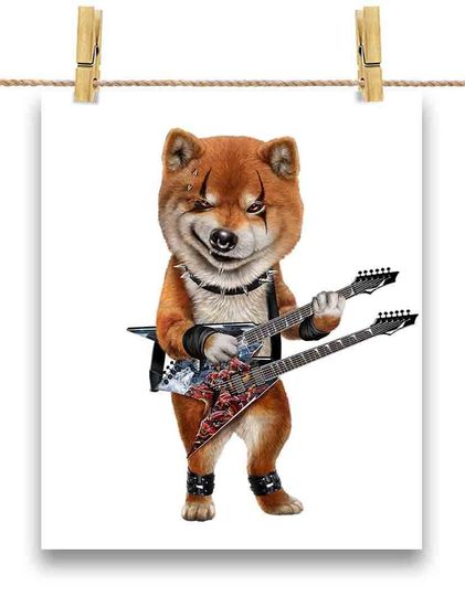 Heavy Metal Grooves with Shiba Dog Guitarist in Punk Rock Band - Poster Print, Wall Art, Home Decor, and Postcard - PrintStarTee