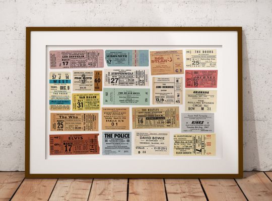 Rock Bands Poster Vintage Ticket Stub Print Perfect for Music Lovers Music Room great for Home Bar Gift for Dad Christmas Beatles Stones
