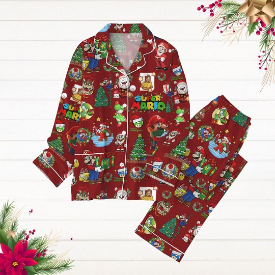 Christmas Super Mario Pajamas Set, Yoshi Bowser Toad Holiday Pajamas, Game Lover Xmas Pjs, Christmas Party Gift For Women Men Kid