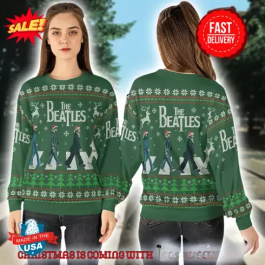 The Beatles Abbey Road Christmas Style Green Knitted Ugly Christmas Sweater