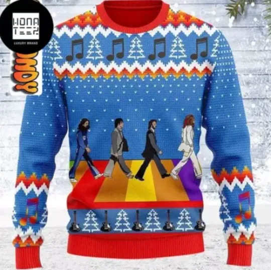 The Beatles Walk Across The Street Rainbow Color Ugly Christmas Sweater