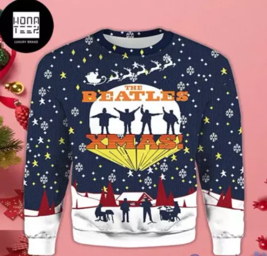 The Beatles Xmas Snow Blue Ugly Christmas Sweater