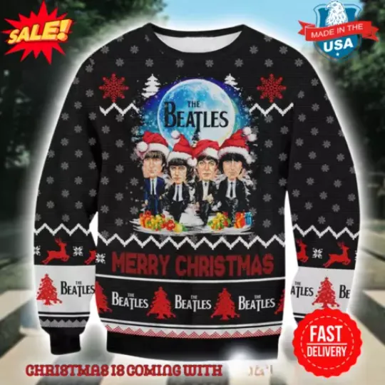The Beatles Band Funny Members With Santa Hats 2024 Ugly Christmas Sweater